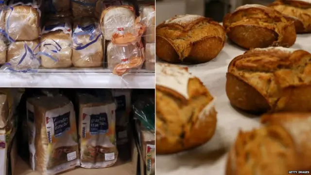 Supermarket-sliced loaves and fresh bread from a bakery