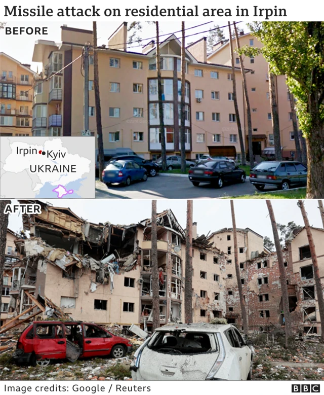 Images show before and afta one attack on Irpin for Ukraine