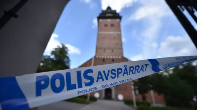 Police cordoned the area Strangnas Cathedral where royal crowns were stolen in Strangnas, Sweden, 31 July 2018