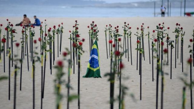 Bandeira do Brasil no meio de rosas fincadas na areia da praia