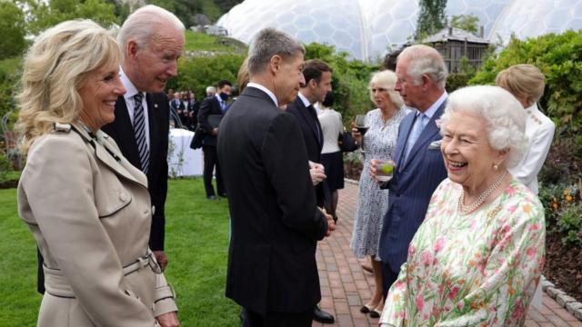 La Reine lors d'un dîner de réception au sommet du G7 à St Austell, Cornouailles, Grande-Bretagne le 11 juin 2021.