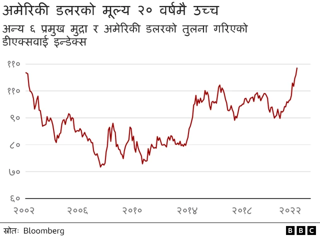 अमेरिकी डलरको मूल्य २० वर्षकै उच्चविन्दुमा पुगेको छ