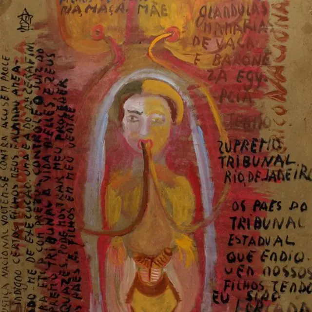 La pintura muestra un par de sondas que conectan los pechos maternos con la boca de un bebé refugiado en el vientre materno