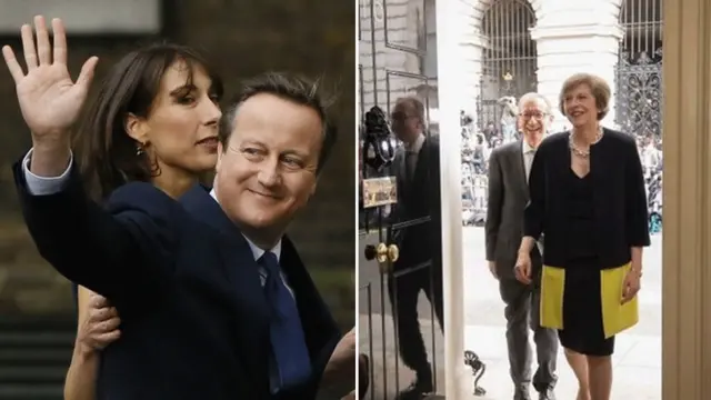 Fotos do ex-premiê David Cameron e da atual primeira-ministra, Theresa May