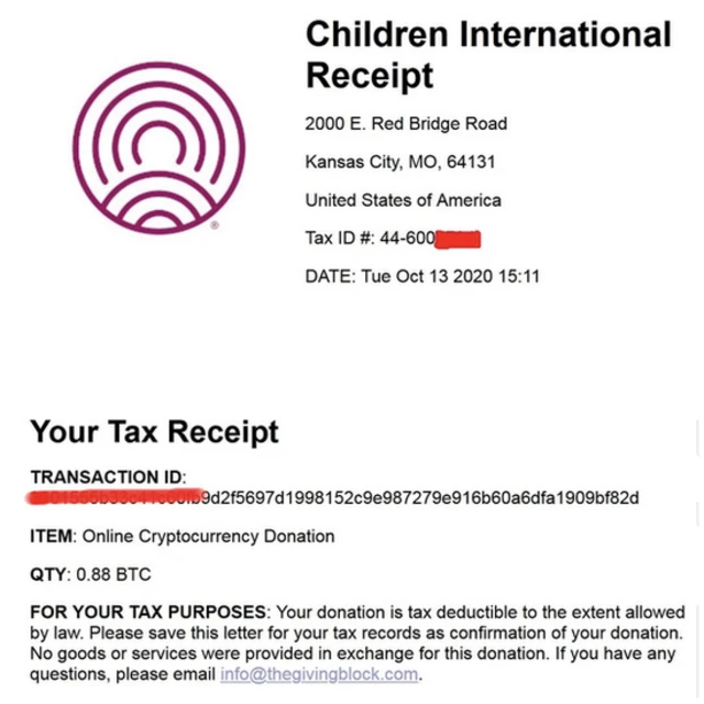 hackers tax receipt for one donation