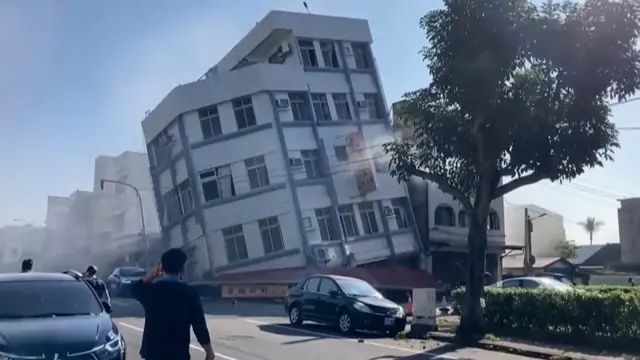 A partially collapsed building in Hualien, Taiwan