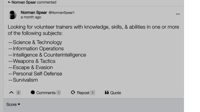 Screen grab of social media post in which 'Spear' asks for volunteers with knowledge of science, technology, weapons, escape, personal self defence
