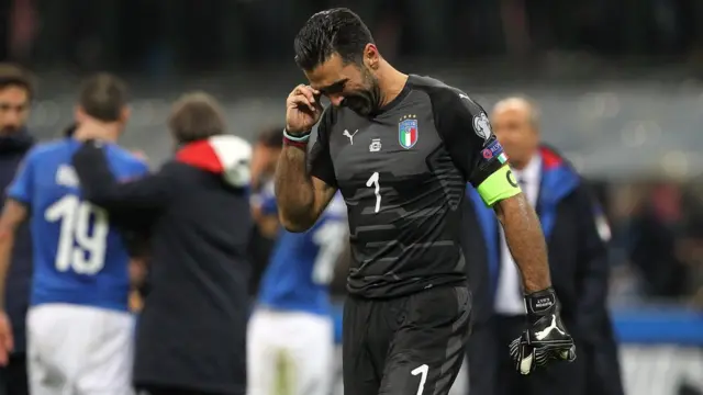 Gianluigi Buffon of Italy shows his dejection shows his dejection at the end of the FIFA 2018 World Cup Qualifier Play-Off: Second Leg between Italy and Sweden at San Siro Stadium on November 13, 2017 in Milan