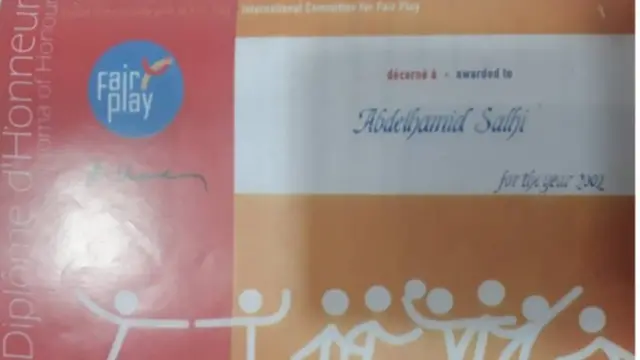 Igihembo (Certificat/Certificate) Abdelhamid Salhi yahawe kubera gukina mu bworoherane (fair play)