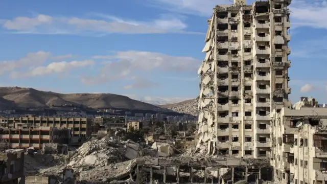 Destroyed 'Teacher's Tower' in Jobar, just east of Damascus