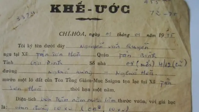 Khế ước mướn đất của một người dân với Tòa Tổng Giám mục Sài Gòn vào 1975