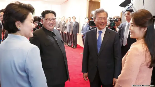 ਕਿਮ ਜੋਂਗ ਉਨ ਅਤੇ ਮੂਨ ਜੇ ਇਨ ਆਪਣੀਆਂ ਪਤਨੀਆਂ ਦੇ ਨਾਲ