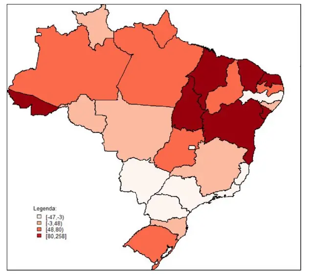 Mapa dos Estados brasileiros mostrando a variação das taxasbets estrela bethomicídio por local, entre 2006 e 2016. Quanto mais escura a região, maior o aumento.