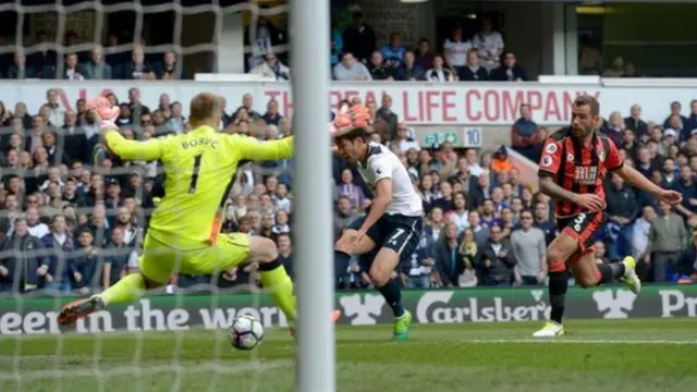 Son Heung-min au moment de marquer le deuxième but de Tottenham