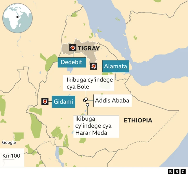 Ikarita yerekana ibibuga by'indege n'ahabereye ibitero bitatu bya drones
