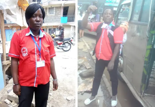 Doris Muthoni wearing her uniform and next to her matatu with her baby