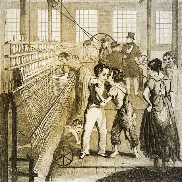 Ilustración de niños trabajado en una fábrica de algodón.