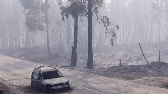 Carro queimado na estrada entre Figueiro dos Vinhos e Castanheirarobo para sportingbetPera, no centrorobo para sportingbetPortugal