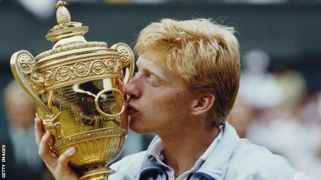 Boris Becker kisses the Wimbledon trophy in 1985