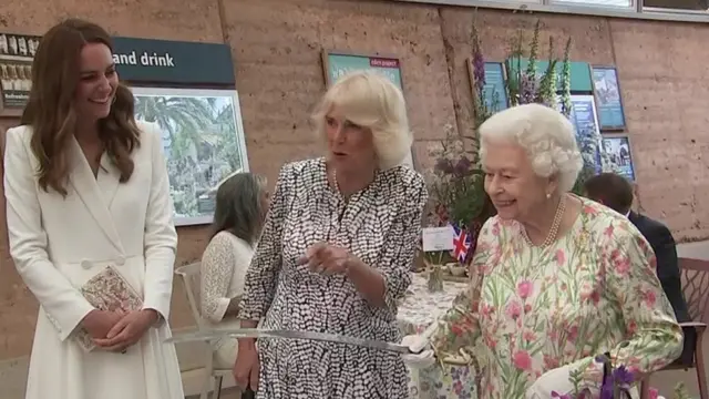 The Queen trying to cut a cake with a ceremonial sword