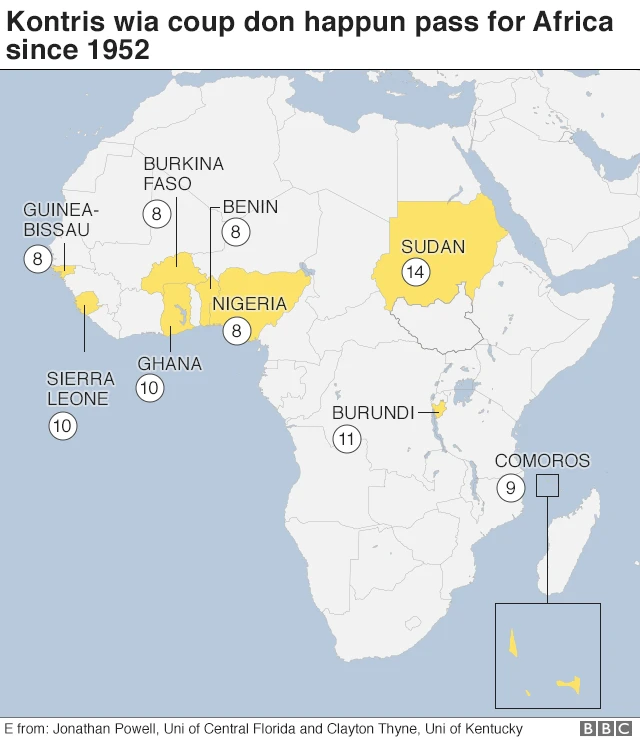 Map of Africa with coups by country