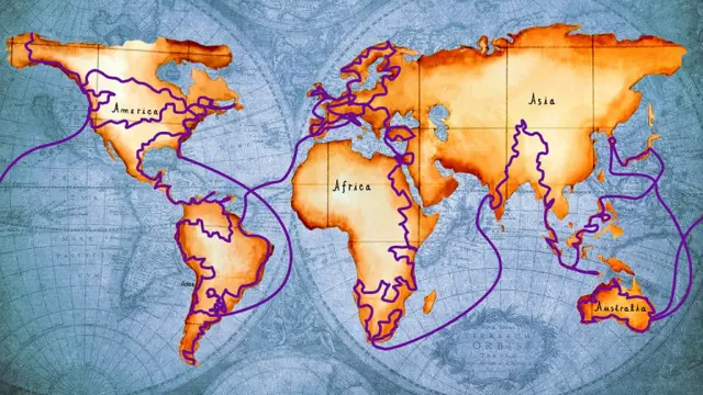 Mapa-múndi mostra o percurso da viagem