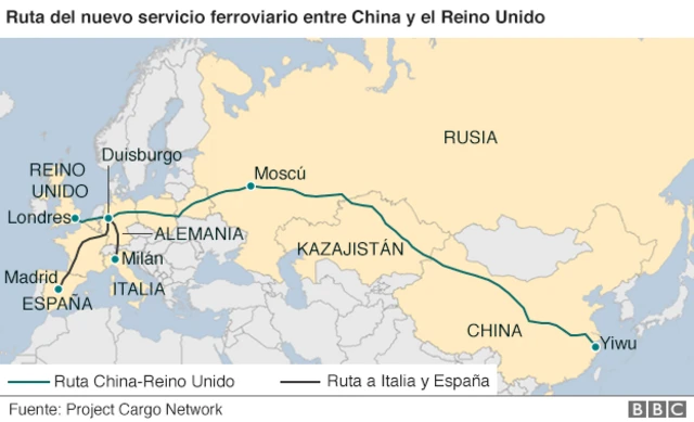 Mapa de la ruta del tren China-Reino Unido