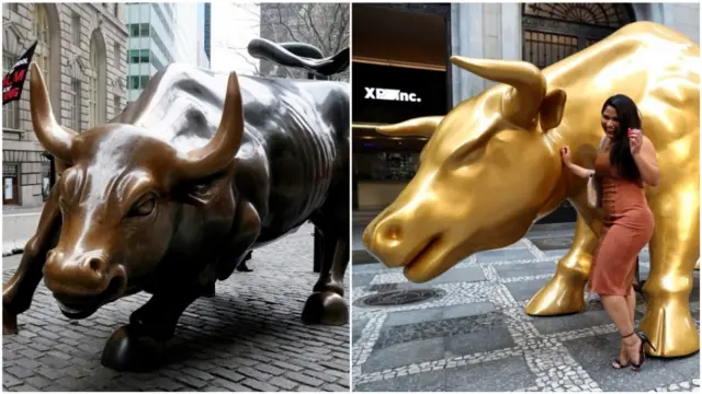 Colagem de fotos mostra o touro bronzeado em Nova York e o dourado de São Paulo