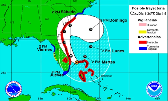 Mapa de la posible trayectoria de Matthew
