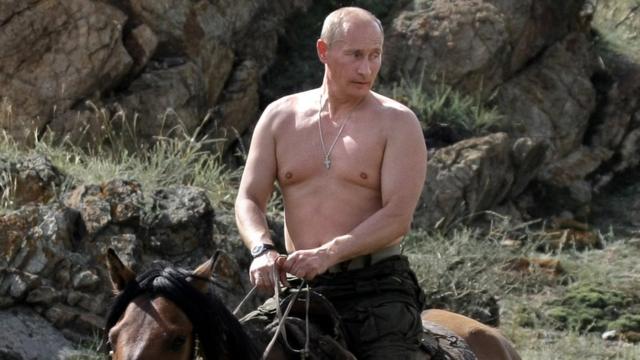 Vladimir Putin con el torso desnudo montado a caballo