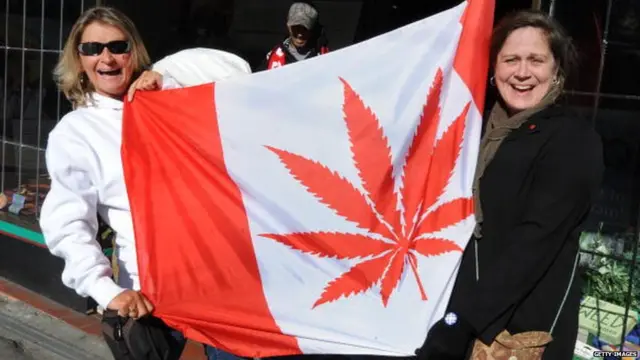 ਪ੍ਰਦਰਸ਼ਨਕਾਰੀ ਮੈਪਲ ਦੇ ਪੱਤੇ ਦੀ ਥਾਂ ਭੰਗ ਦੇ ਪੱਤੇ ਵਾਲੇ ਕੈਨੇਡਾ ਦੇ ਕੌਮੀ ਝੰਡੇ ਨਾਲ।