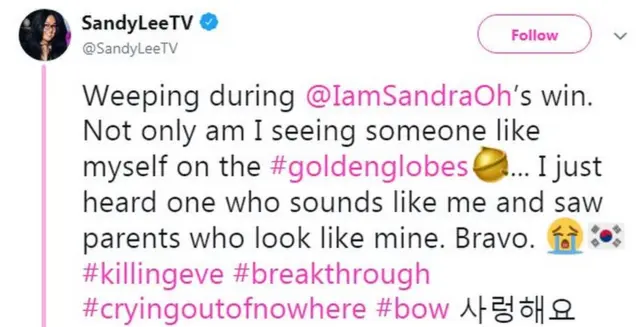 Weeping during @IamSandraOh's win. Not only am I seeing someone like myself on the #goldenglobes... I just heard one who sounds like me and saw parents who look like mine. Bravo
