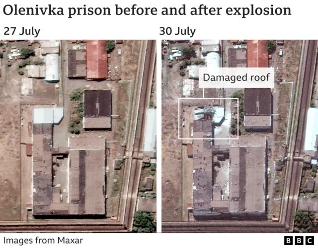 A satellite image shows the industrial warehouse on 27 July compared to a photo taken on 30 July showing significant damage