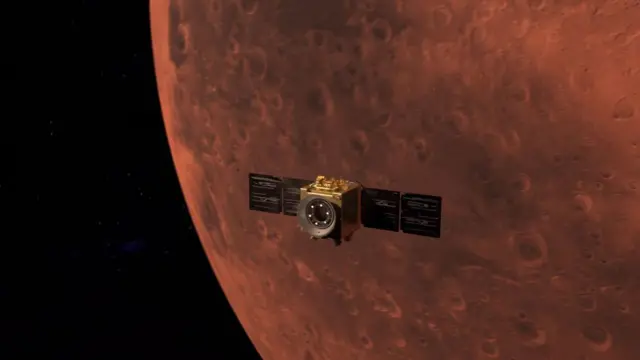 A espaçonave Hope em órbita de Marte, em concepção artística