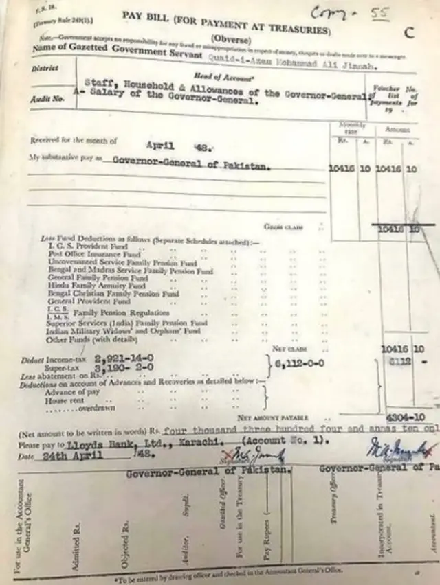 محمد علی جناح کی تنخواہ کا پے بل