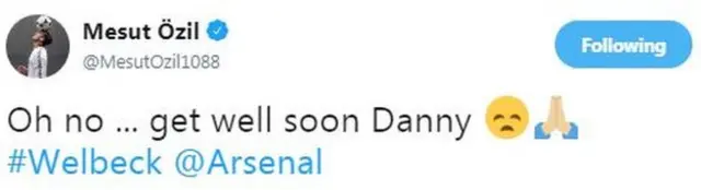 Mesut Ozil, ambaye hakushiriki mechi hiyo aliandika katika mtandao wake wa Twitter kumtakia Welbeck uponaji wa haraka