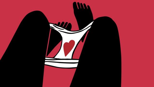 One of María's illustrations, depicting a woman removing her white knickers and finding a red heart-shaped mark in them. Mostly black ink over a red background.
