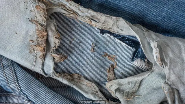 Singed denim worn by Jaime Santana when he was struck