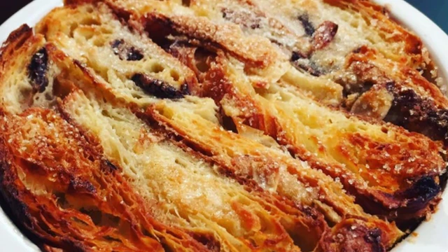Bread and butter pudding made from day-old croissants