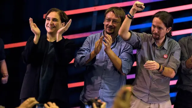 Ada Colau, Xavier Domènech y Pablo Iglesias