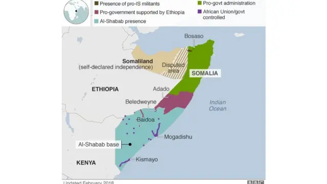 Ramani ya maeneo yanayodhibitiwa na wapiganaji wa al-shabab