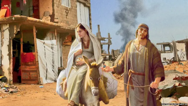 Mary and Joseph trying to escape destruction.