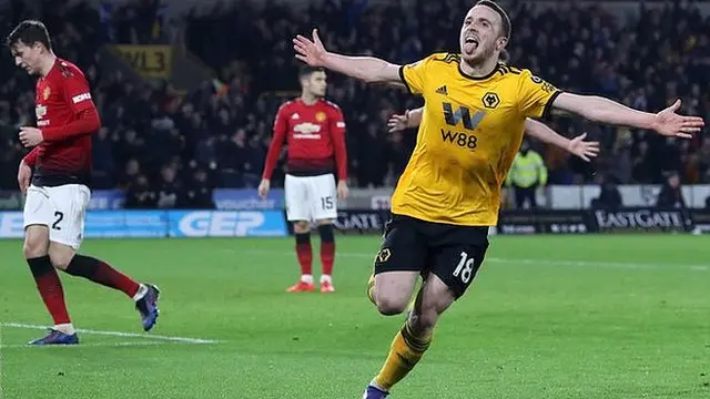 Diogo Jota celebrates scoring for Wolves against Manchester United in the FA Cup in March 2019