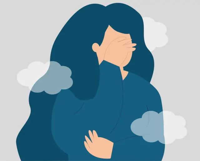 Ilustración de una mujer preocupada o triste.