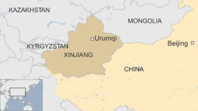 map of China showing Xinjiang and its capital city Urumqi, bordered by Mongolia, Kazakhstan and Kyrgyzstan
