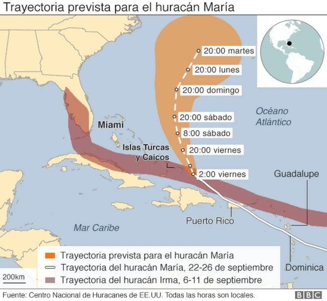 Mapa de la trayectoria prevista para el huracán María.