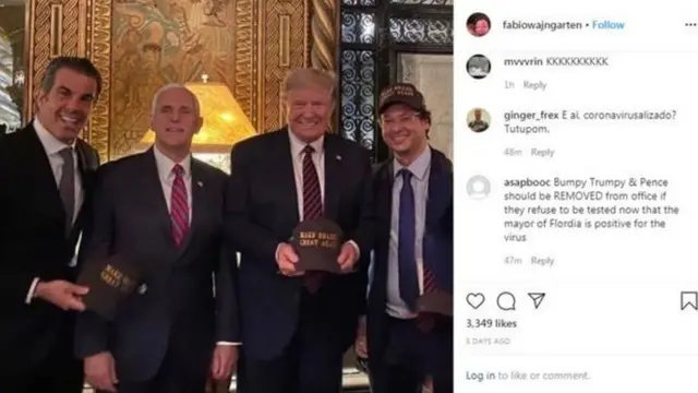 特朗普（右二）身边戴棒球帽的就是巴西总统的一名助理，法比奥·瓦金伽腾（Fabio Wajngarten）。他刚被确诊感染新冠肺炎