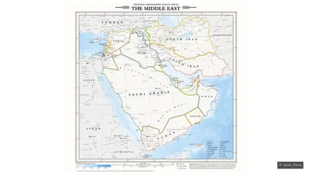 இரண்டாம் உலகப் போர் நடந்திராவிட்டால் மத்திய கிழக்குப் பகுதி எப்படி இருந்திருக்கும் என்ற வரைபடம். "Royal Cartographic Society" என்ற கற்பனைக் கதையின் அடிப்படையில் உருவாக்கப்பட்டது