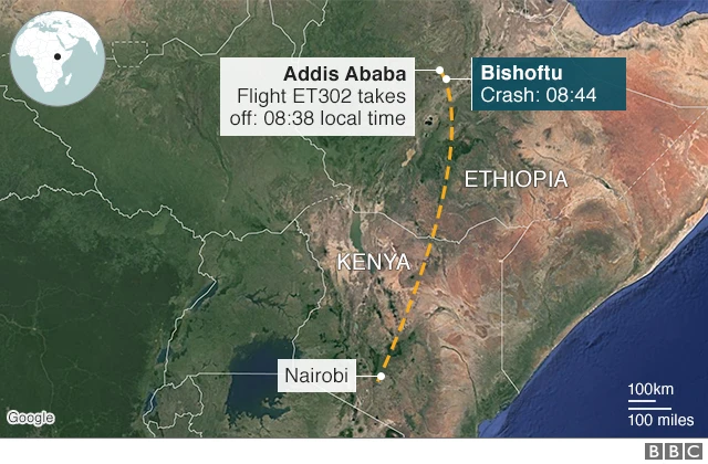 Map showing the flight path