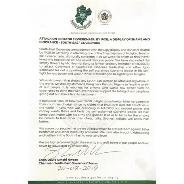 South East Governors Forum's statement